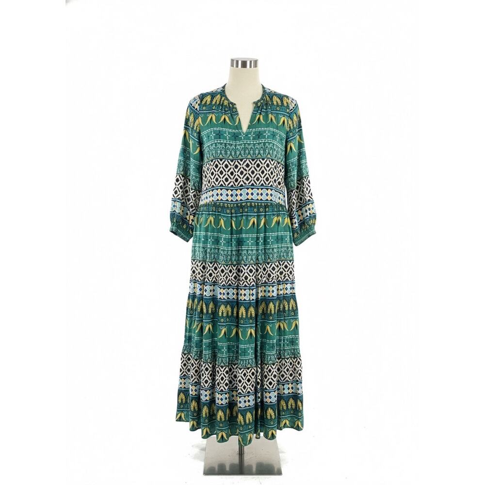 Philosophy Green Geometric Print V-Neck Maxi Dress - Large